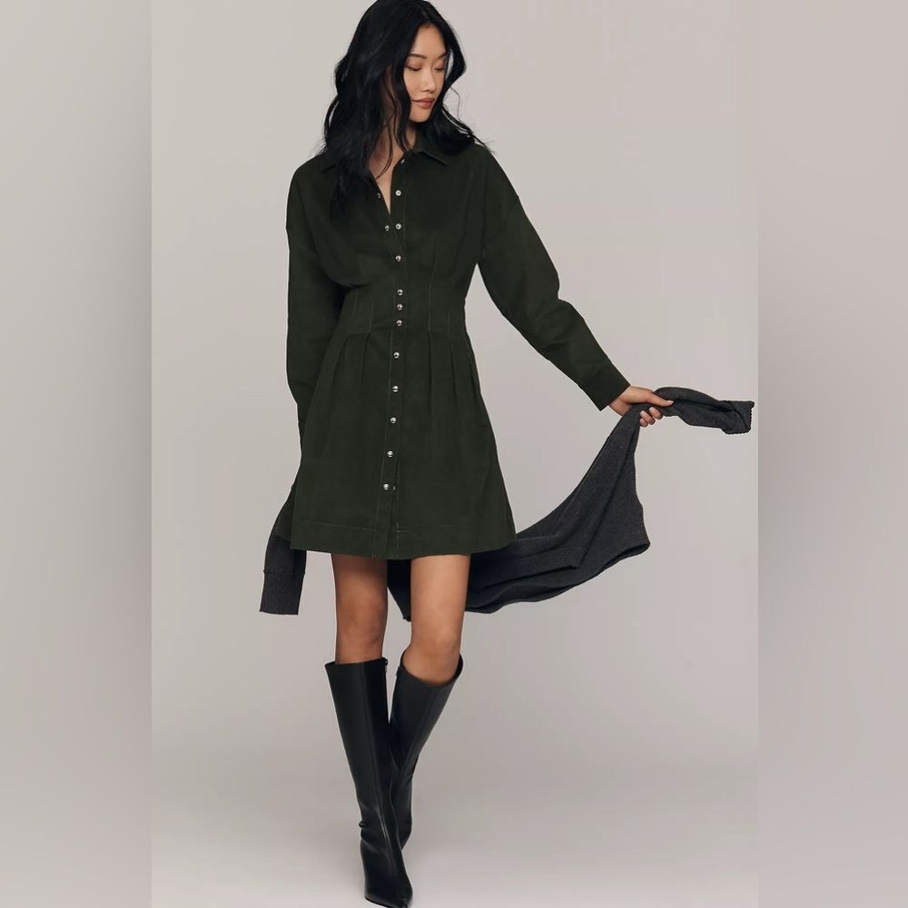 New Anthropologie The Tobie Long-Sleeve Corduroy Mini Shirt Dress by Exquise XS